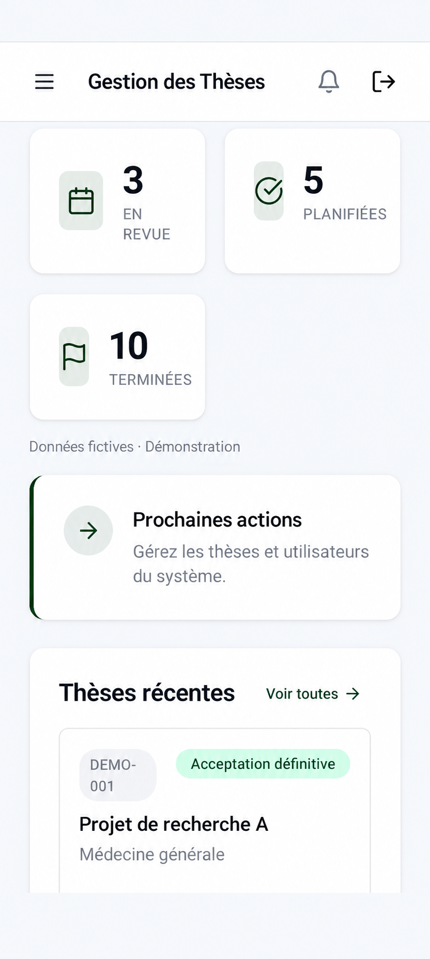 THESY : aperçu mobile anonymisé avec données fictives de démonstration